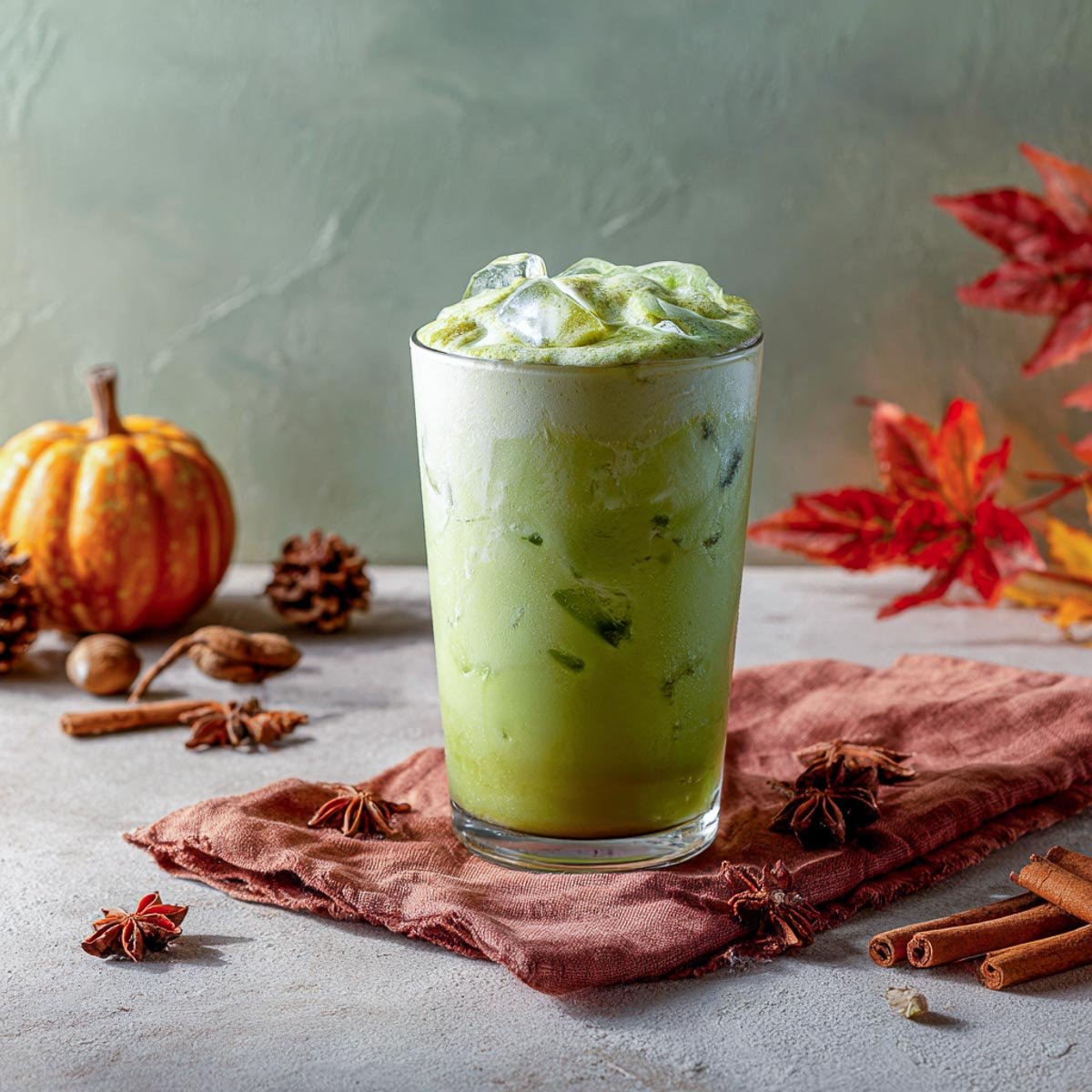 Iced matcha green tea latte in tall glass with pumpkin foam.
