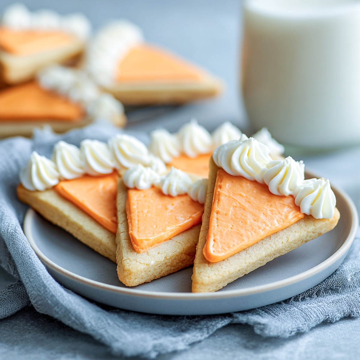 Triangle sugar cookies decorated like pumpkin pie with piped frosting tops.