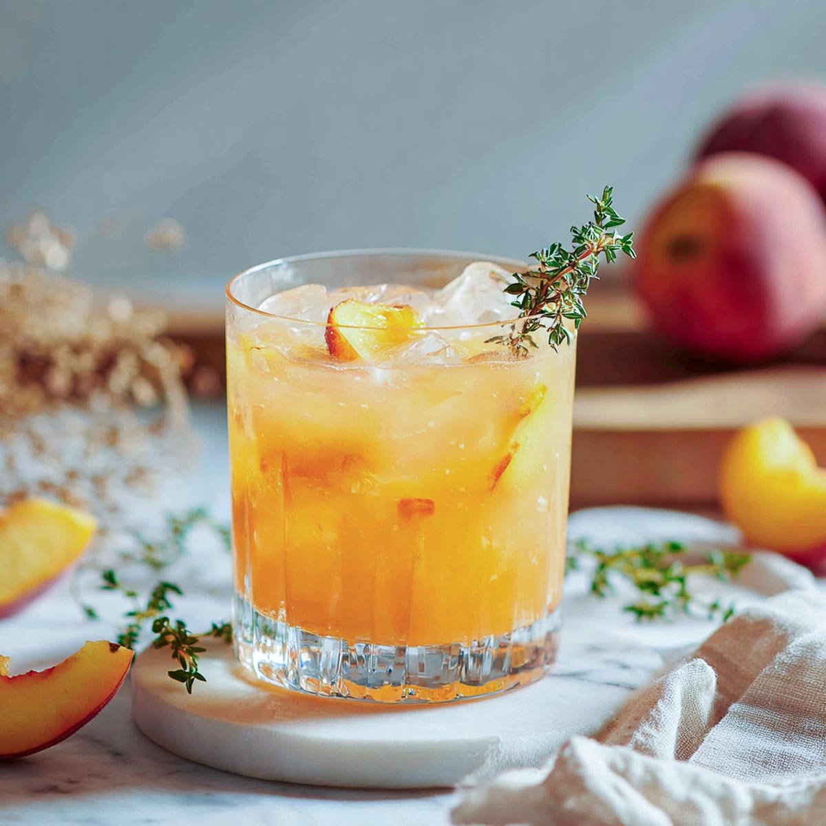 Peach bourbon cocktail with thyme sprig and crushed ice on marble surface.