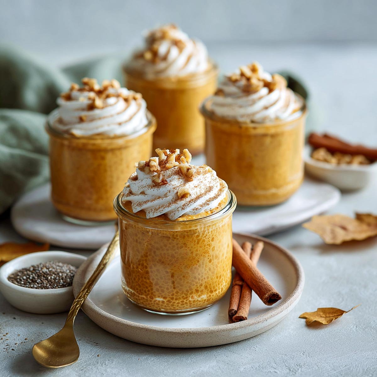 Glass jars of creamy pumpkin chia pudding topped with spiced whipped cream.