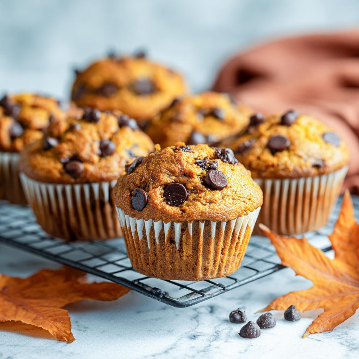 Pumpkin chocolate chip muffins on a cooling rack with scattered chocolate chips and autumn leaves.
