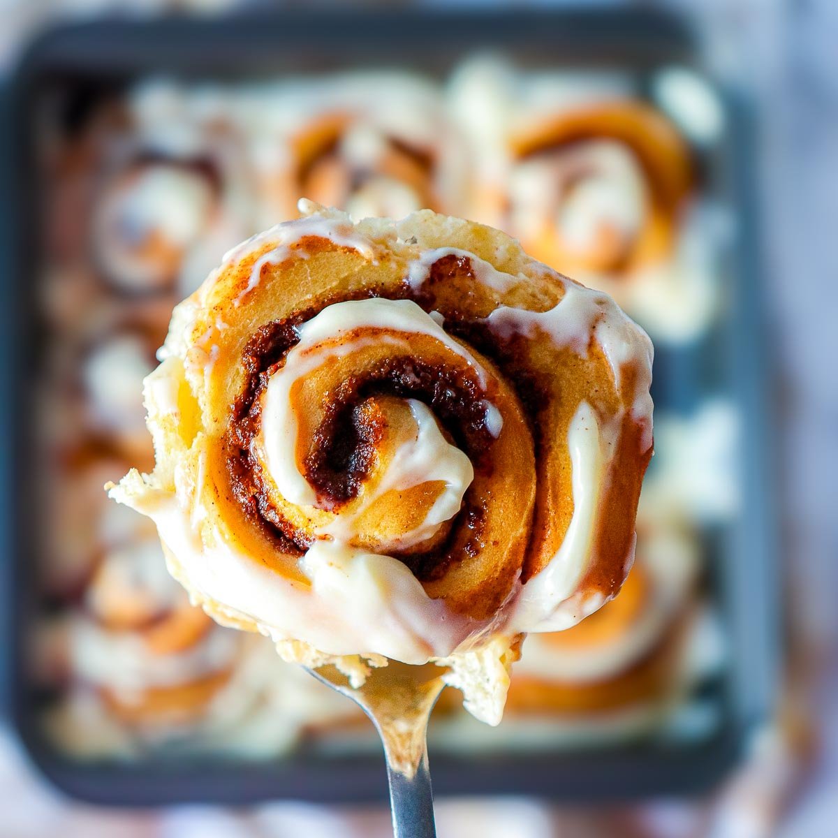 Close-up of a single pumpkin cinnamon roll on a fork, topped with maple cream cheese glaze with pan of rolls blurred in the background.