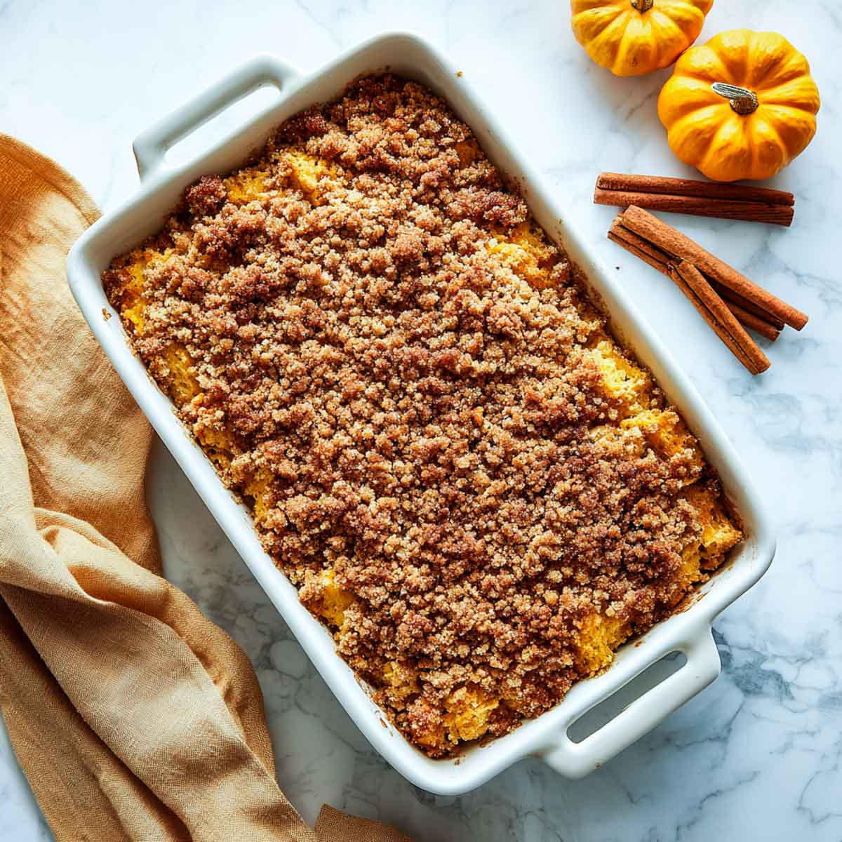 Pumpkin French toast bake with crunchy streusel topping in a white baking dish on a marble surface with mini pumpkins and cinnamon sticks.