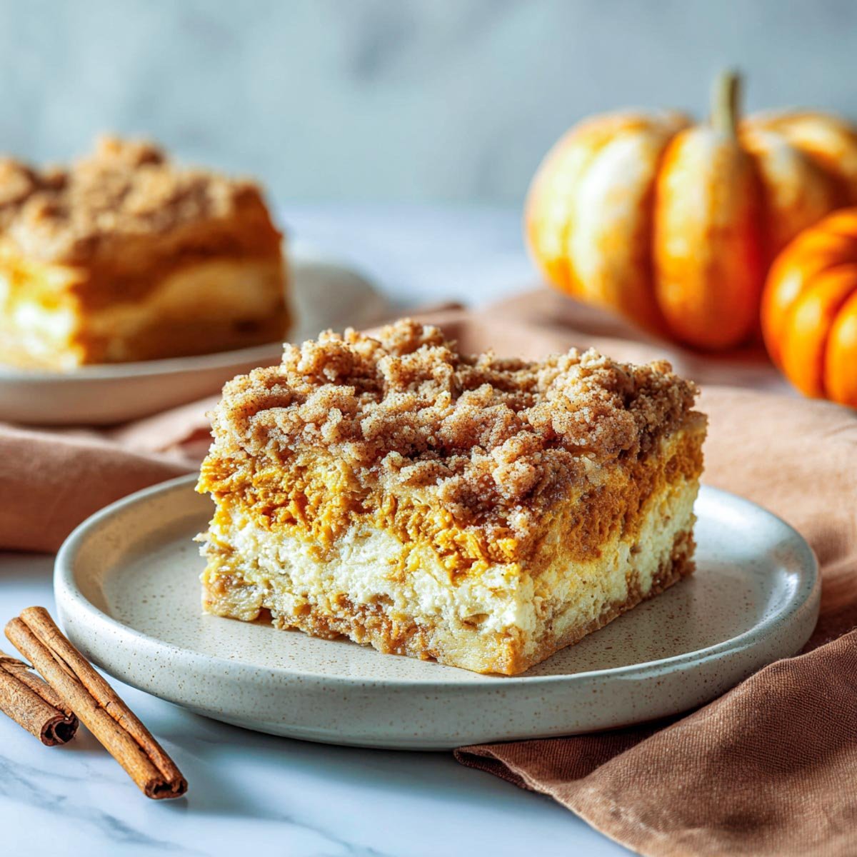 Single serving of pumpkin French toast bake on a plate, showing layered filling and streusel topping with pumpkins in the background.