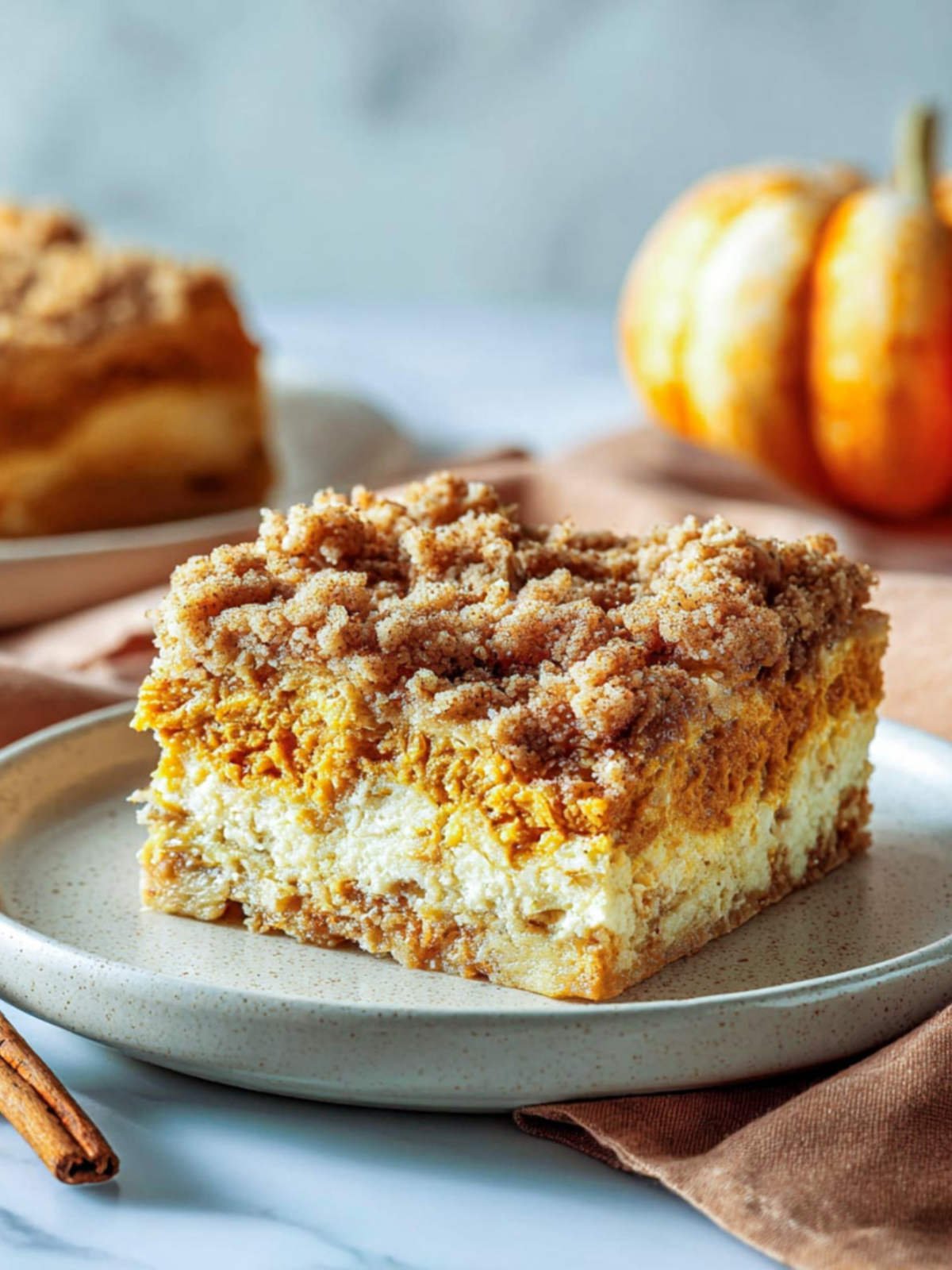Close-up of a plated slice of pumpkin French toast bake highlighting the layered texture and cinnamon streusel topping.