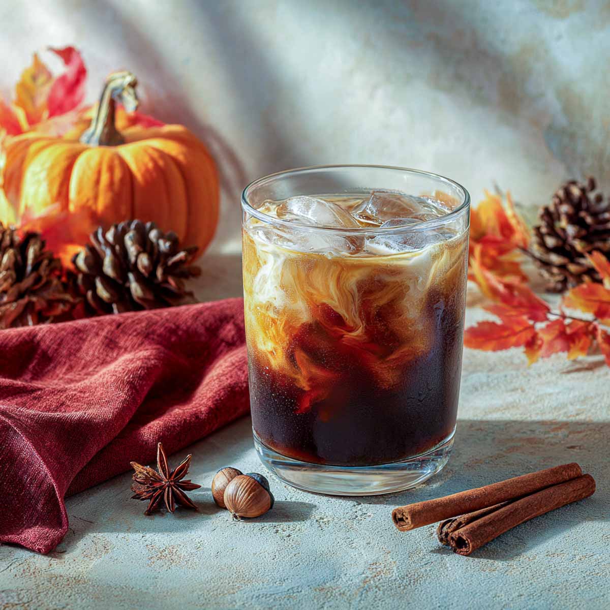 Iced pumpkin coffee in clear glass with creamy swirl and ice.
