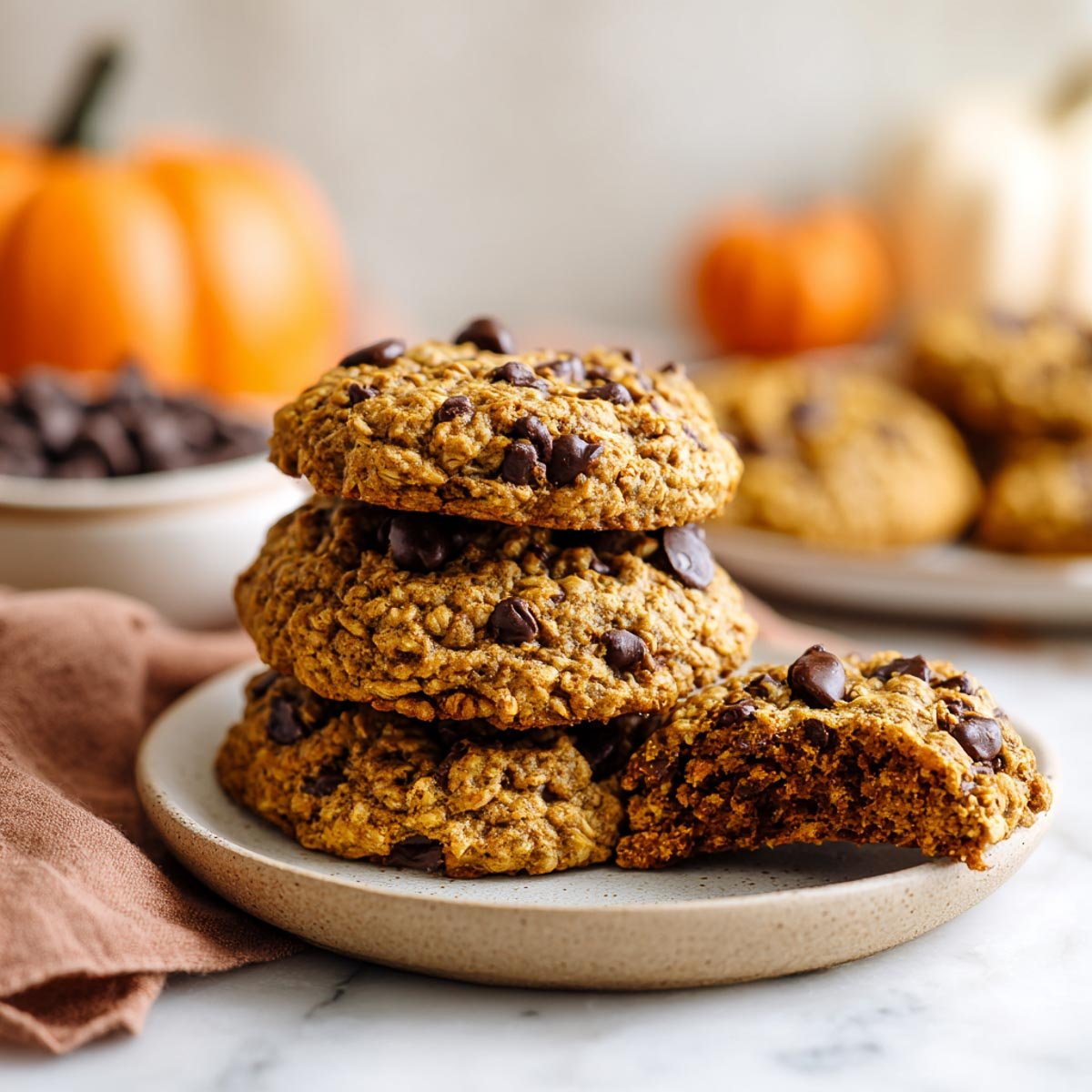 Plate of pumpkin oatmeal cookies with chocolate chips.