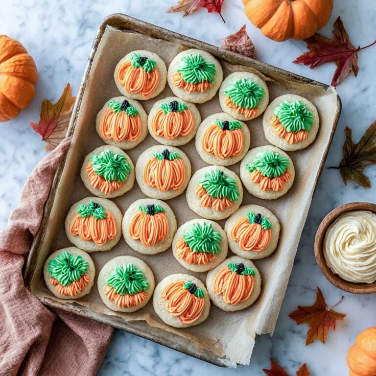 Frosted pumpkin-shaped cookies arranged on a baking tray.