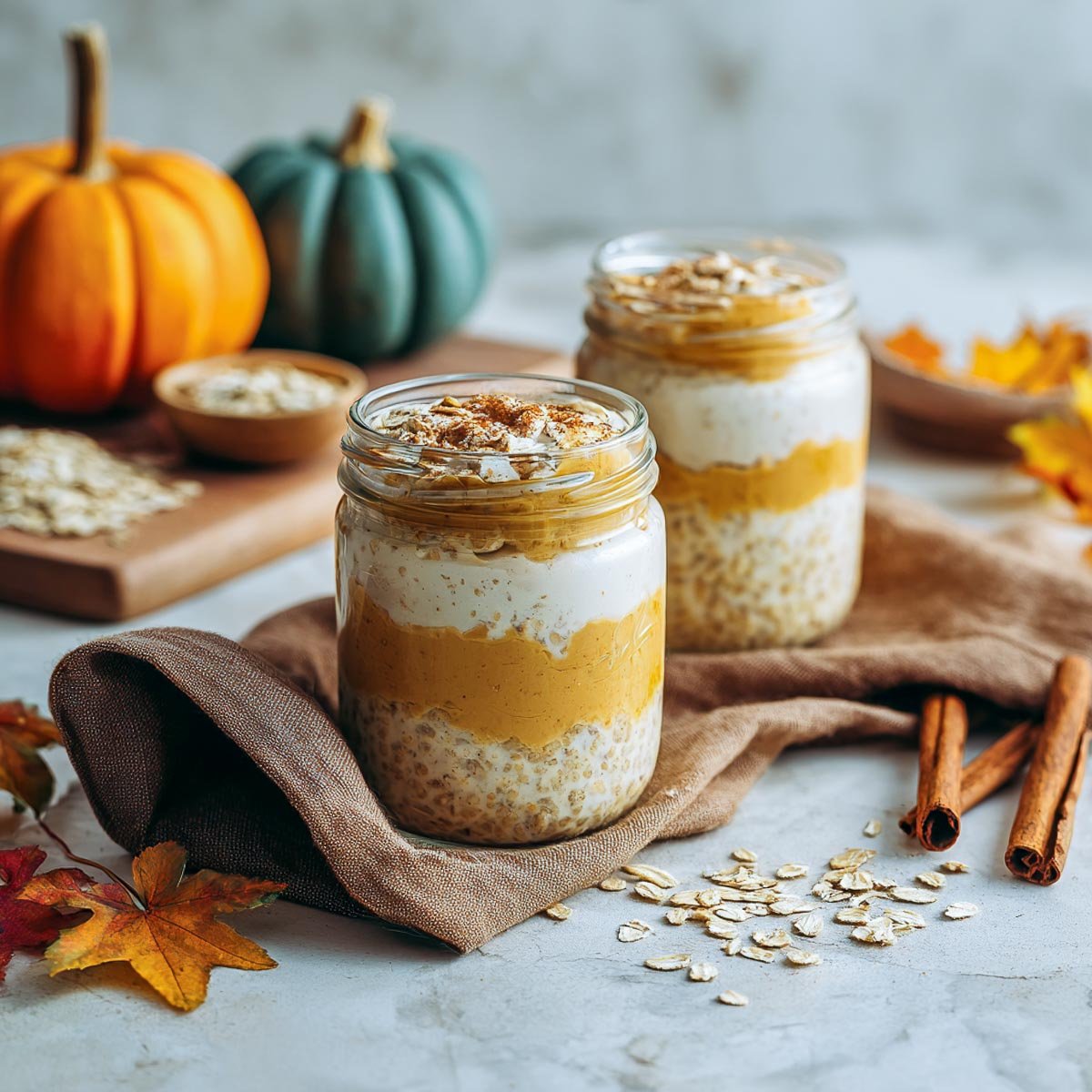 Glass jars with layered pumpkin pie overnight oats on marble surface.