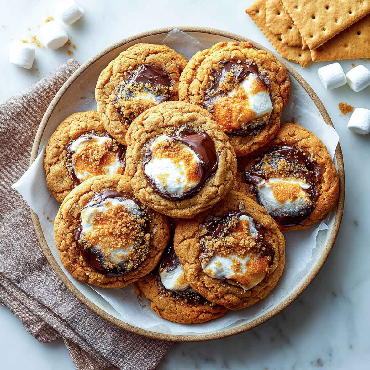Pumpkin cookies with toasted marshmallows, melted chocolate, and graham crumbs.