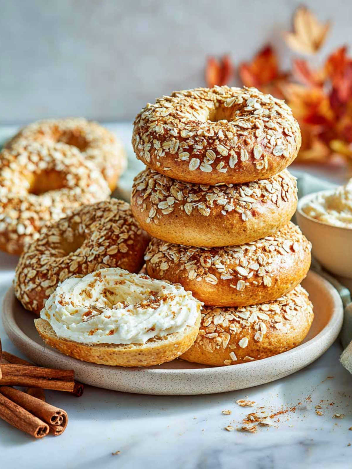 Close-up of stacked pumpkin spice bagels topped with oats, with one bagel cut open and spread with maple cream cheese on a neutral plate.