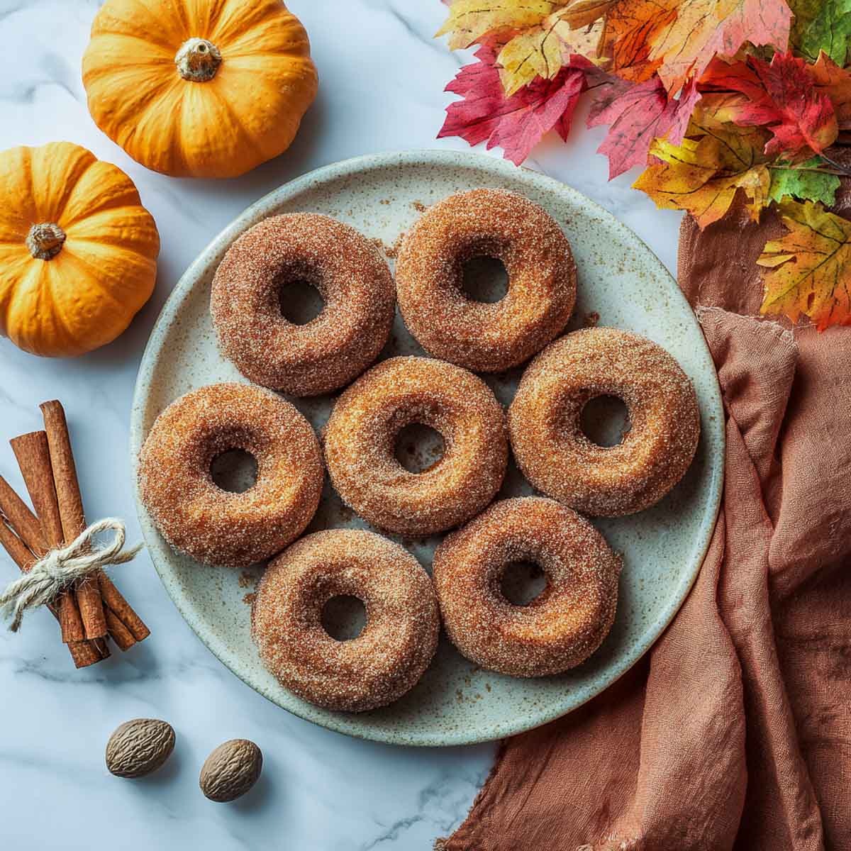Plate of pumpkin spice donuts with cinnamon sugar coating surrounded by pumpkins and cinnamon sticks.