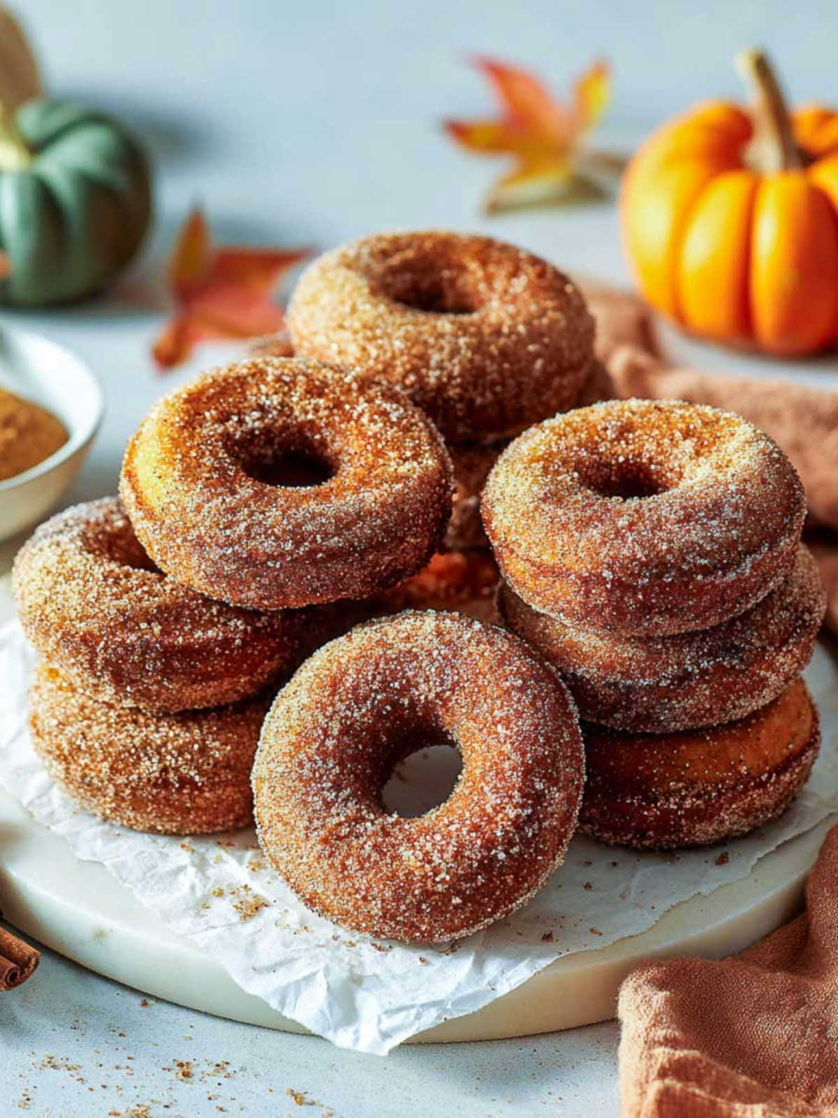 Close-up of stacked pumpkin spice donuts covered in cinnamon sugar on a parchment-lined board with autumn decor.