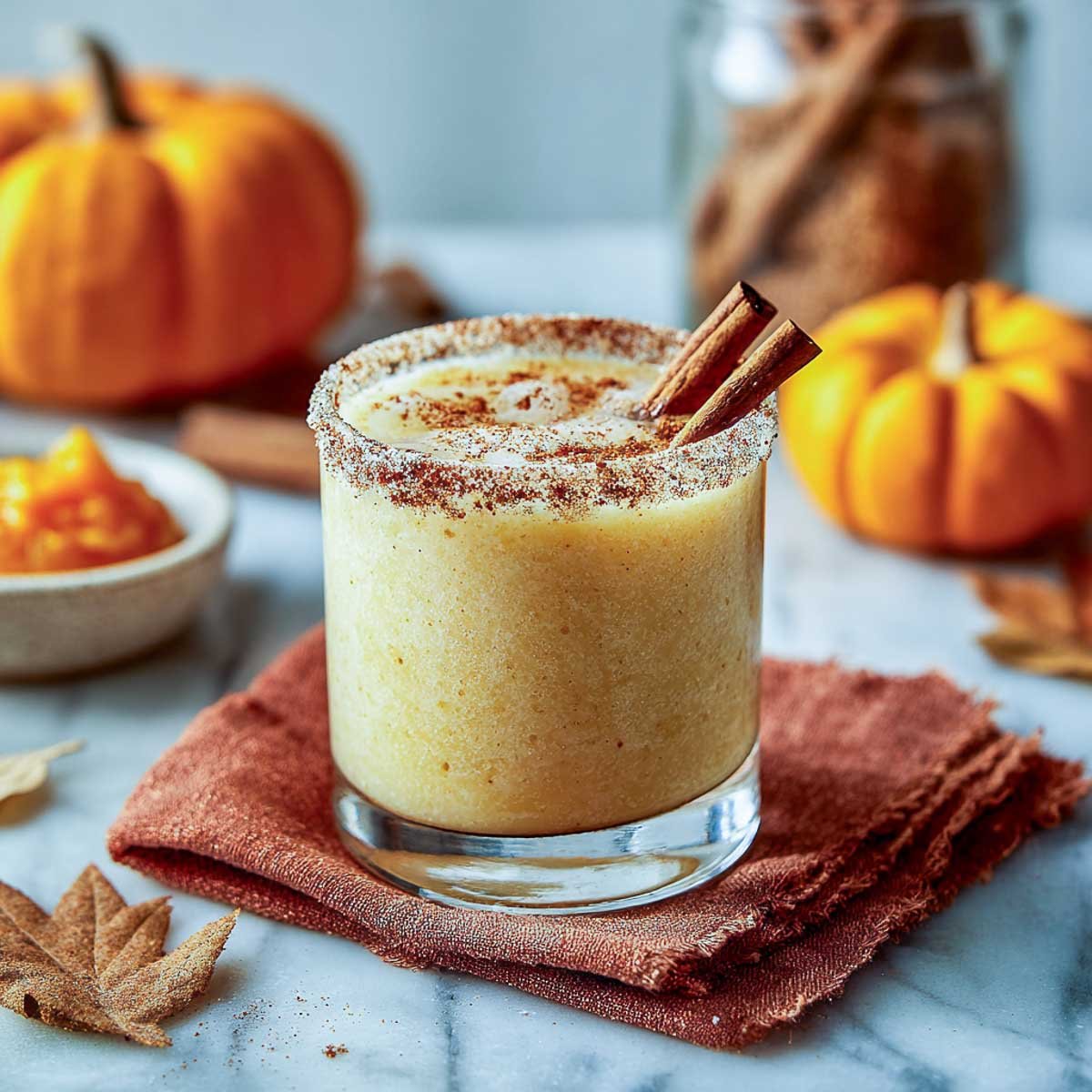 Pumpkin spice margarita with cinnamon rim and cinnamon sticks on marble surface.