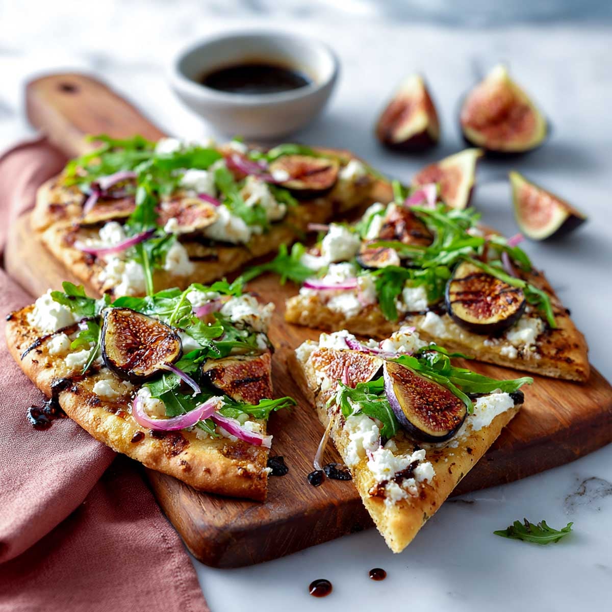 Flatbread sliced on wooden board, topped with figs, cottage cheese, and greens.