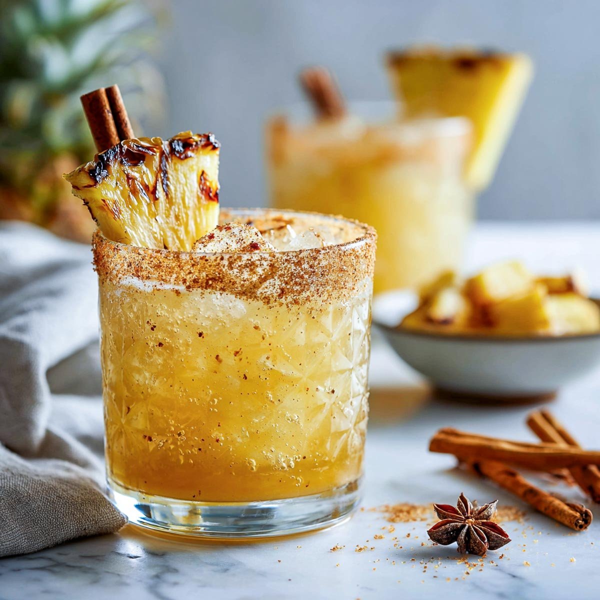 Roasted pineapple tequila cooler with cinnamon rim on marble surface.