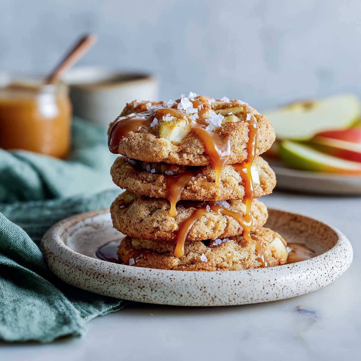 Stack of salted caramel apple cookies drizzled with caramel and sea salt.