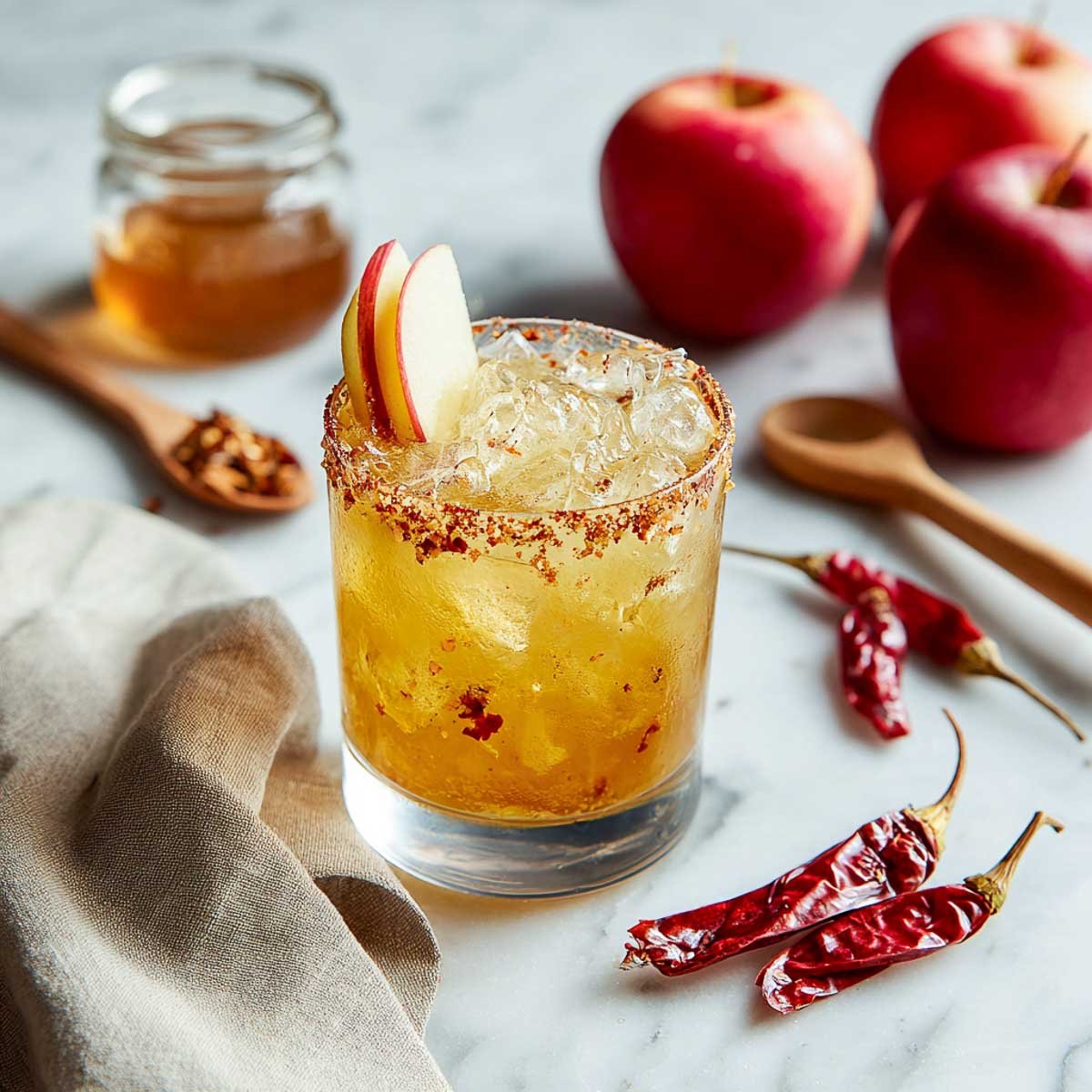 Golden apple tequila cocktail with chili rim and apple slices on top.