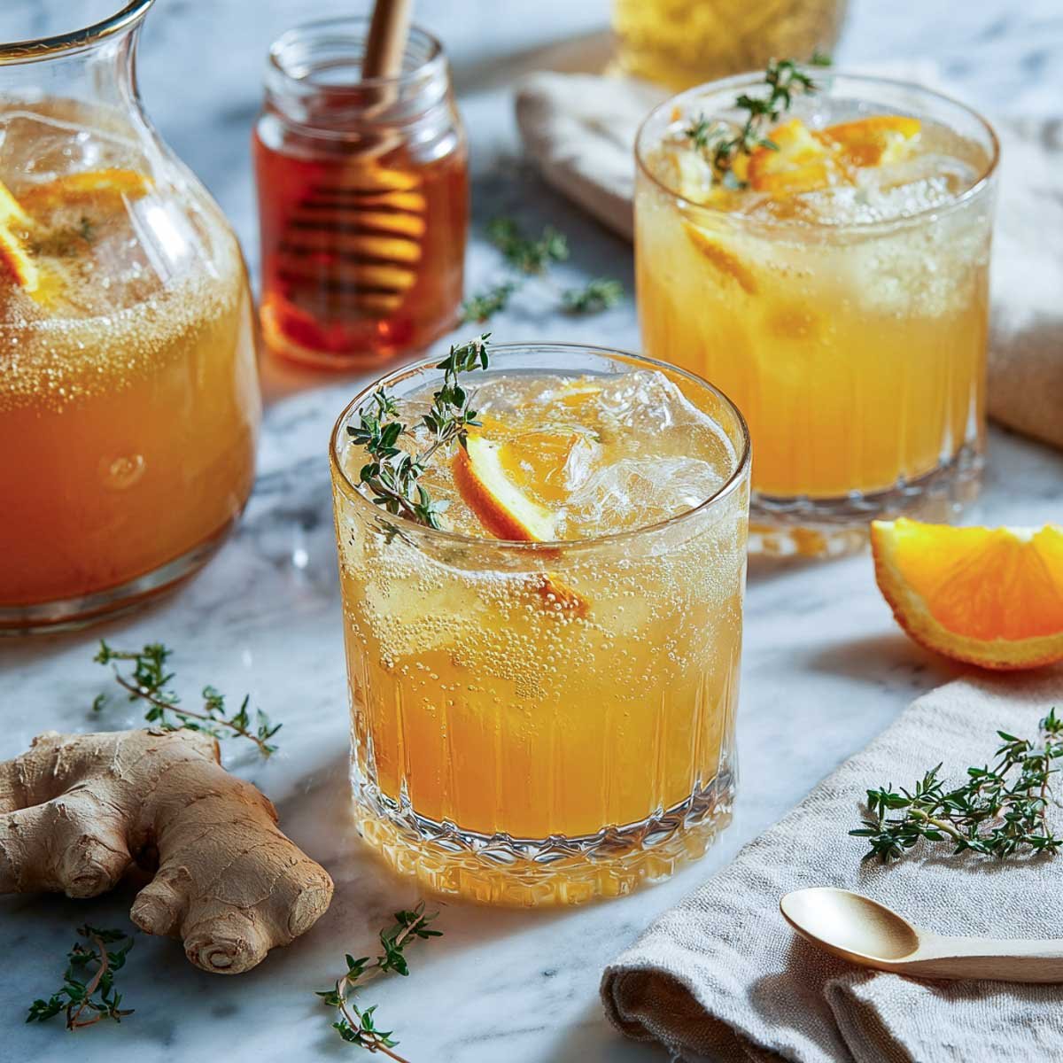 Sparkling maple ginger punch with orange slices and thyme, served in clear glasses.