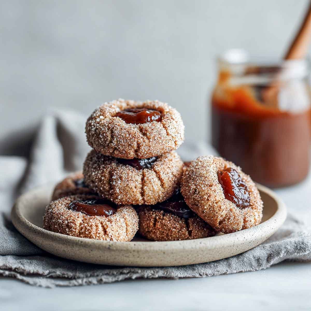 Soft thumbprint cookies filled with glossy spiced apple butter.