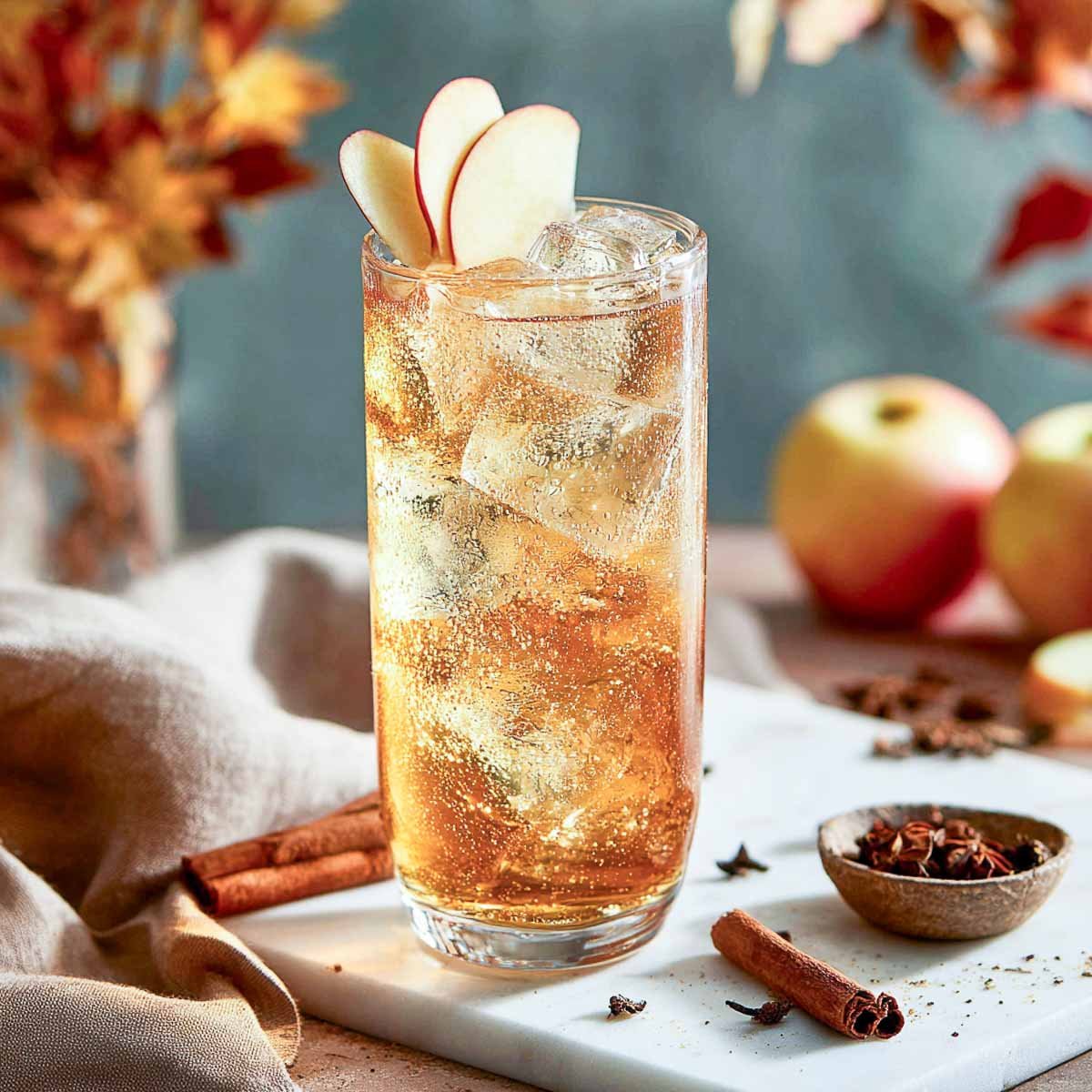 Tall apple bourbon fizz cocktail with apple slices and cinnamon garnish.