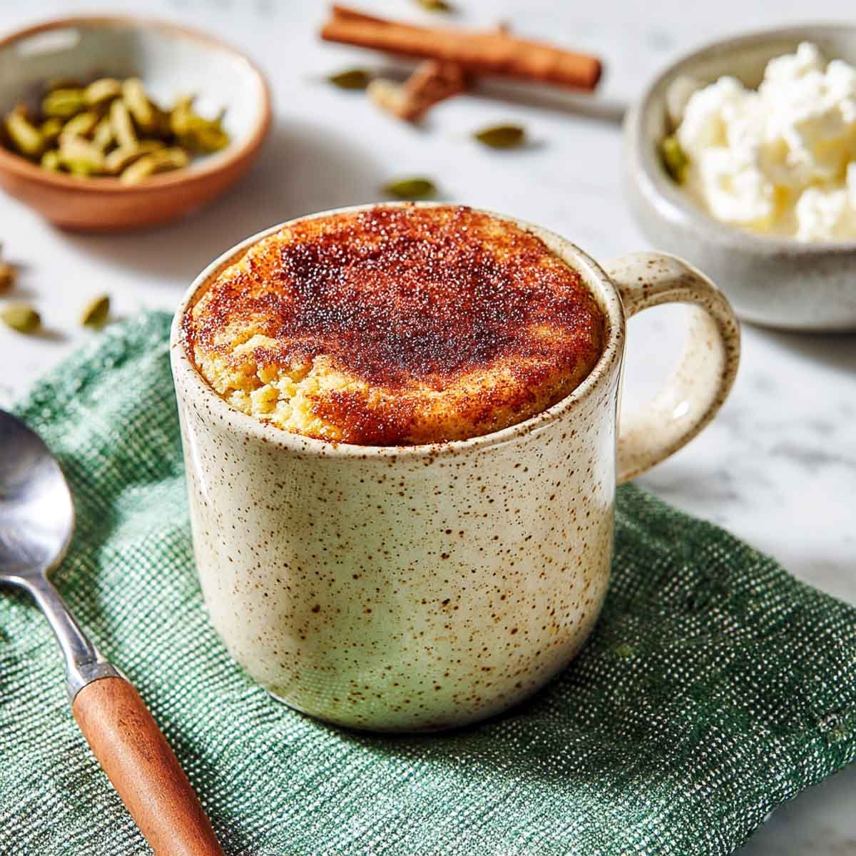 Angled view of spiced cottage cheese mug cake with cardamom and cinnamon garnish.
