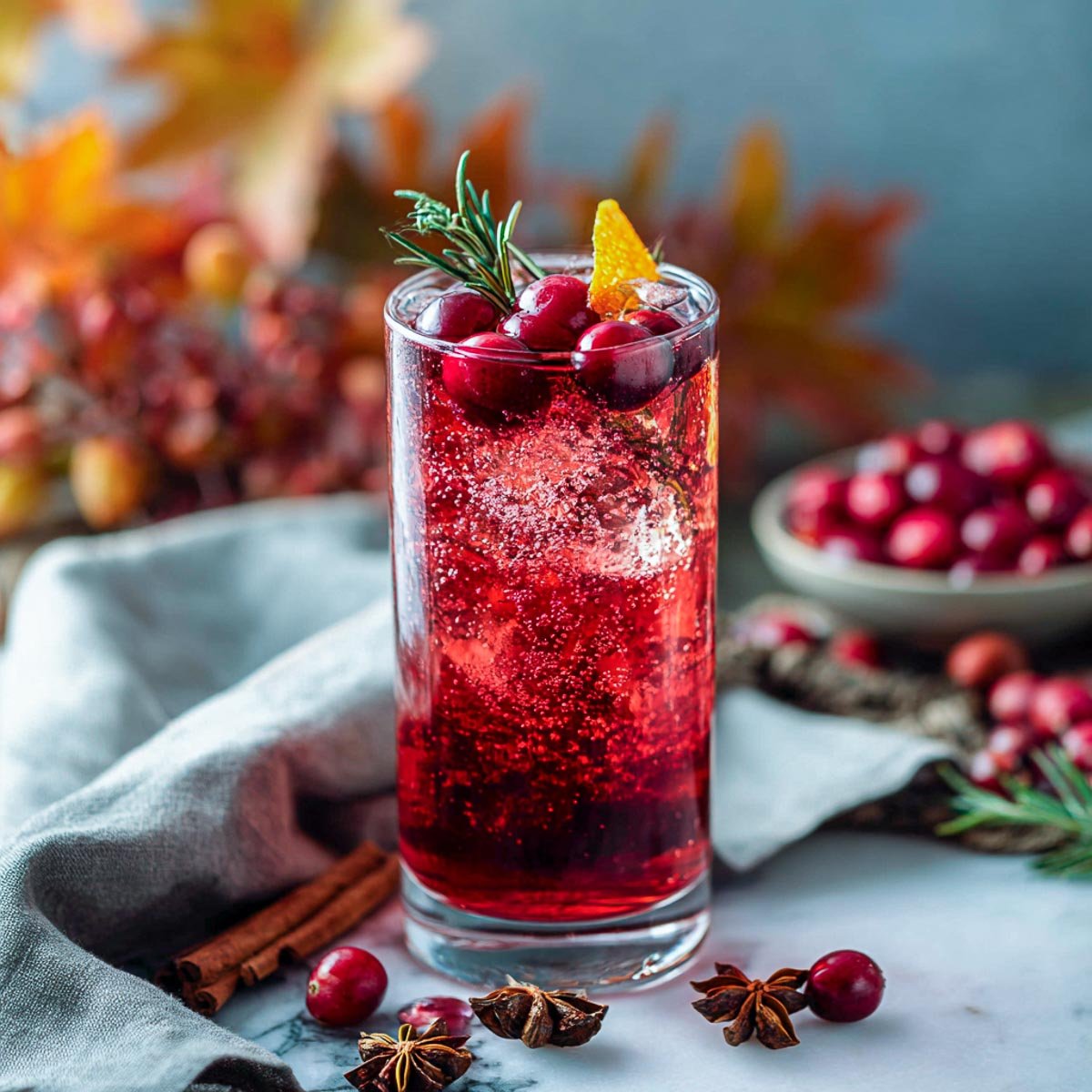 Cranberry vodka fizz with ice, rosemary, and orange peel garnish.