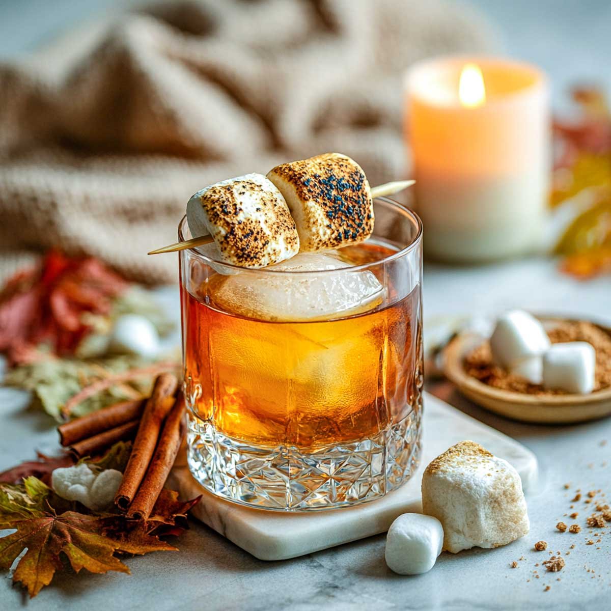 Old fashioned with toasted marshmallows and large ice cube on marble surface.