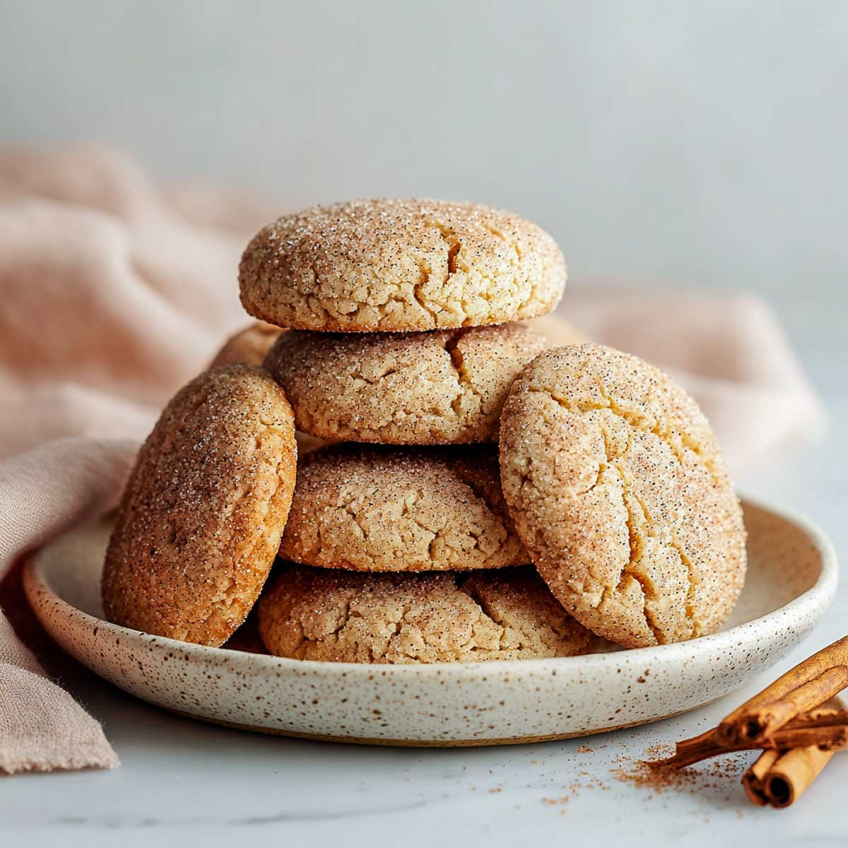 Soft vegan brown sugar cookies stacked on a plate with cinnamon dusting.