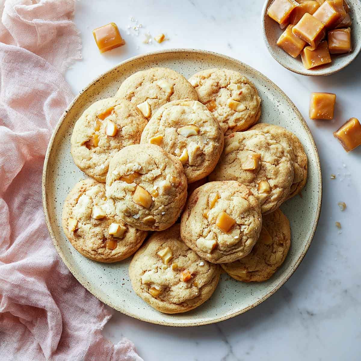 Soft-baked vegan cookies with caramel chunks and apple pieces on a plate.
