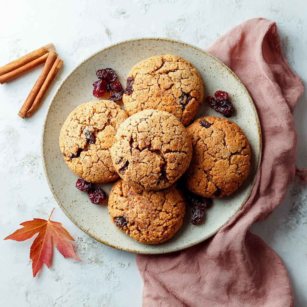 Soft-baked vegan cookies with cranberries and chocolate chips on a plate.