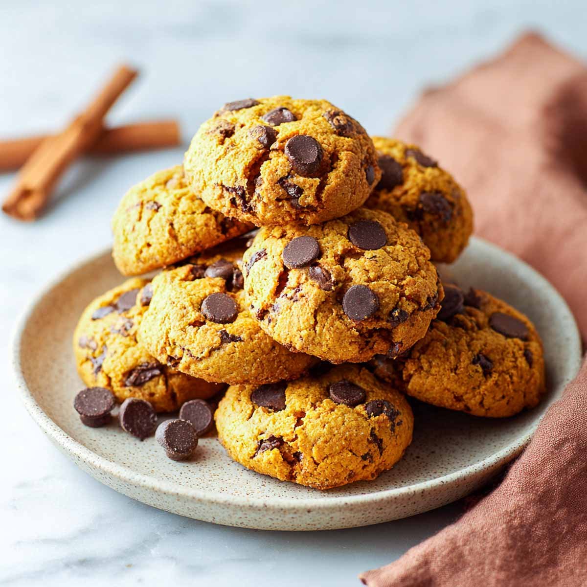 Side view of vegan pumpkin chocolate chip cookies stacked on ceramic plate.