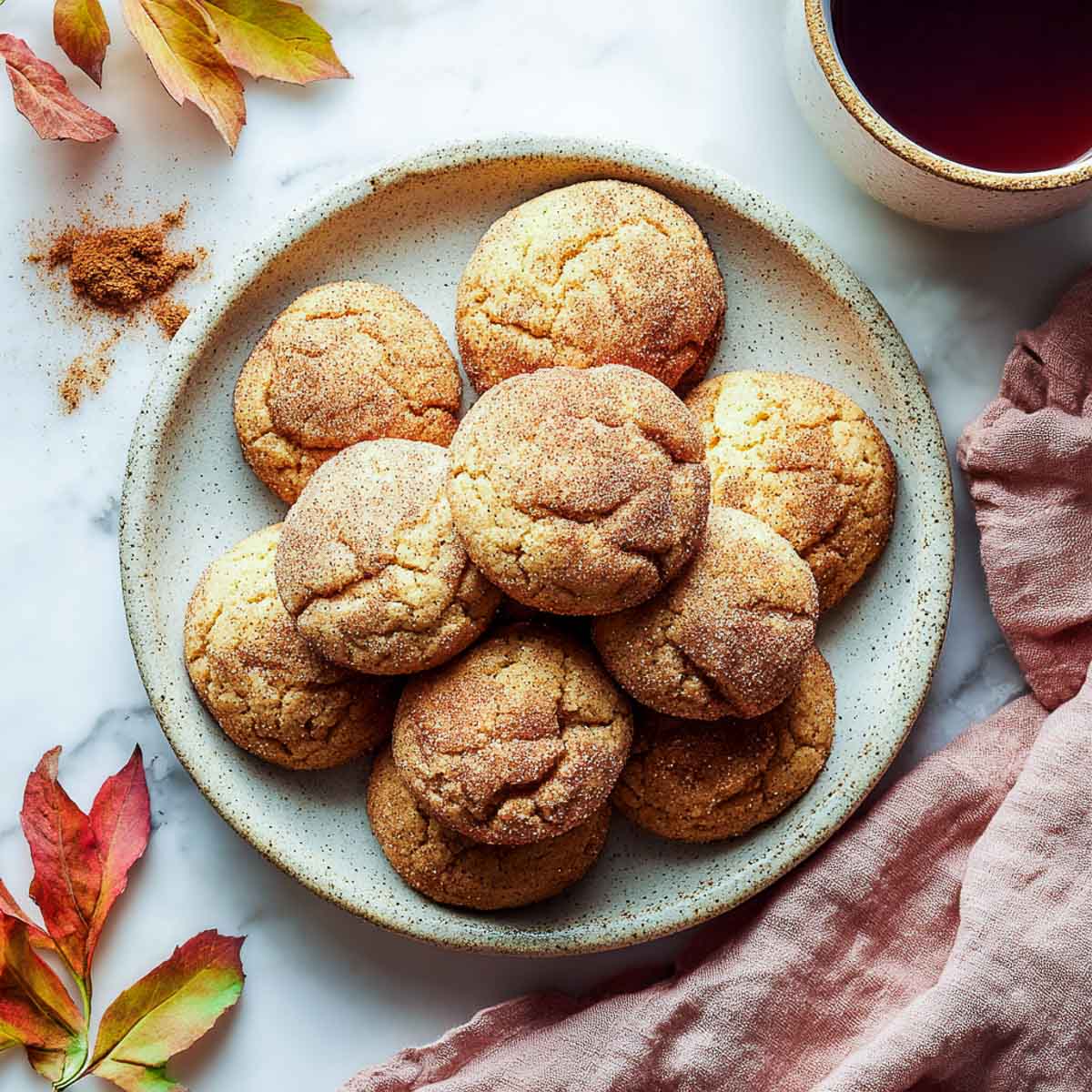 Top-down view of vegan pumpkin snickerdoodles dusted with cinnamon sugar on ceramic plate.