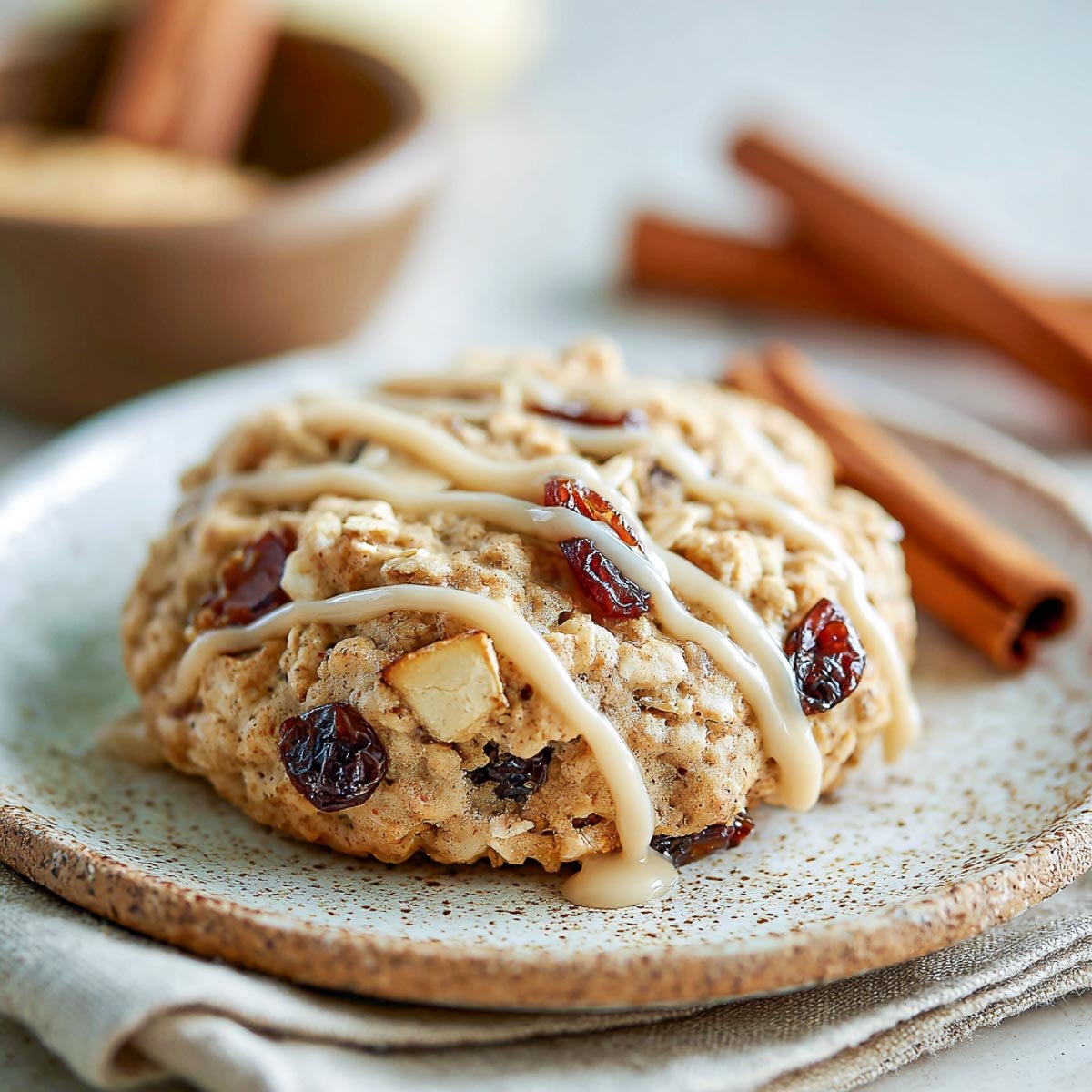 Single apple oatmeal raisin cookie drizzled with cinnamon glaze on a rustic plate with cinnamon sticks in background.