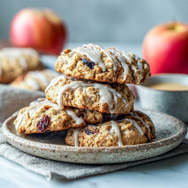 Stack of apple oatmeal raisin cookies with cinnamon glaze on a plate, with apples and glaze in background.