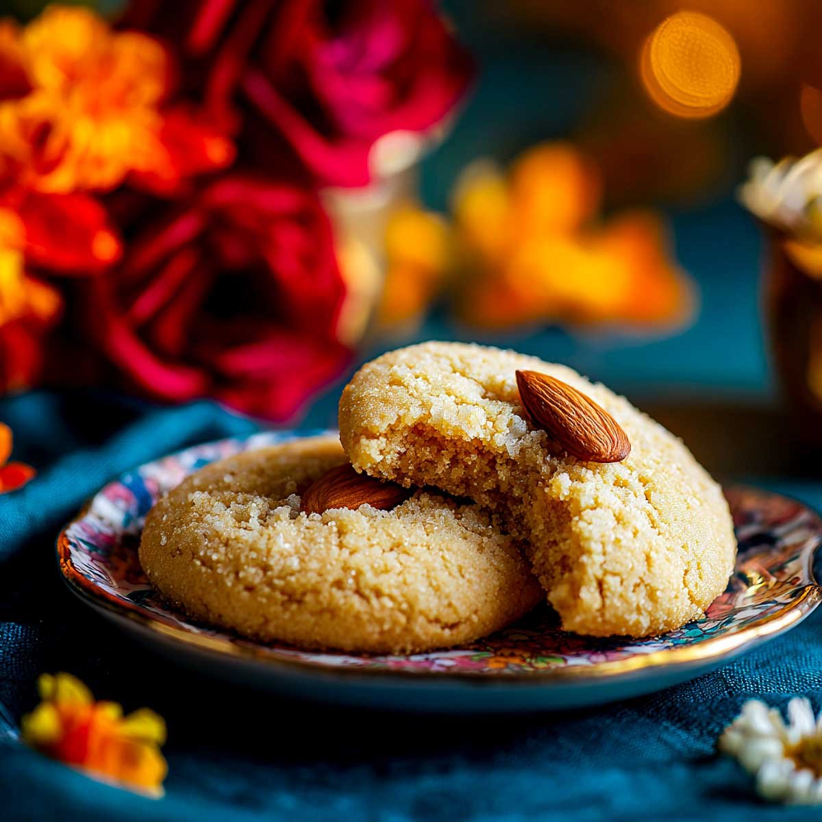 Soft besan butter cookie with almond on top, showing crumbly texture.