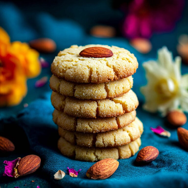 Stack of besan butter cookies made with ghee, topped with almonds.