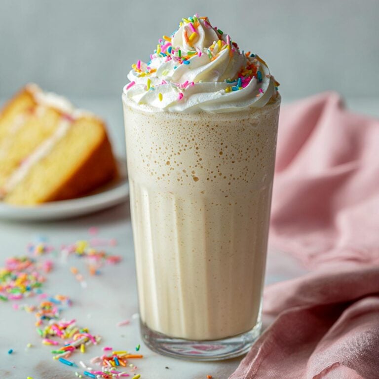 Birthday cake protein shake with whipped cream, sprinkles, and cake slice.