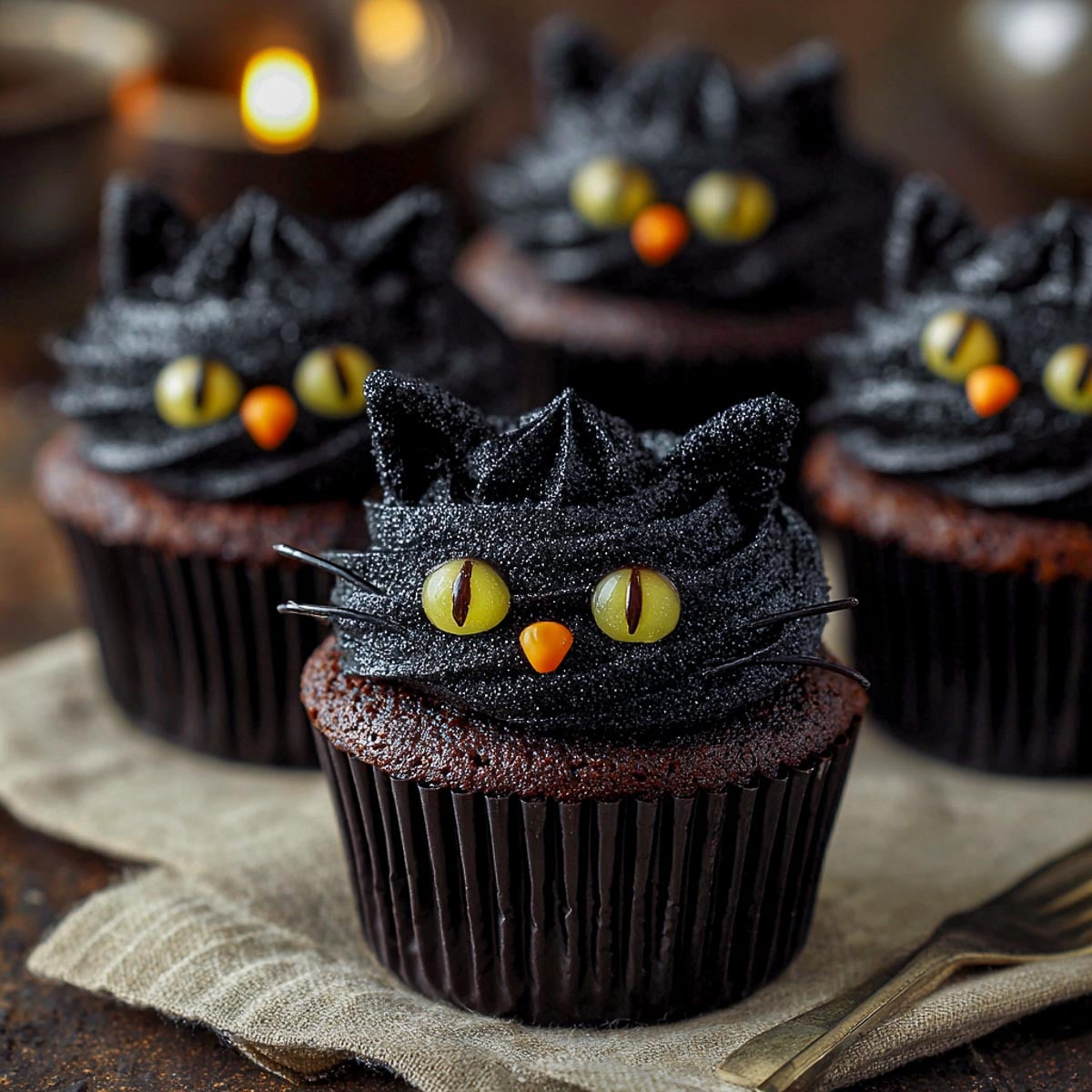 Halloween black cat cupcakes with glowing yellow eyes and orange noses.