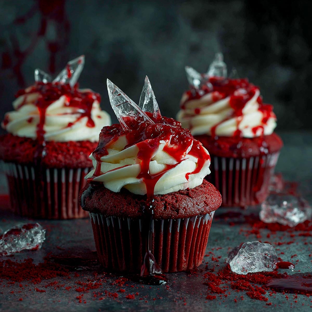 Red velvet cupcakes topped with cream cheese frosting, jagged sugar glass shards, and dripping red syrup for a spooky Halloween look.