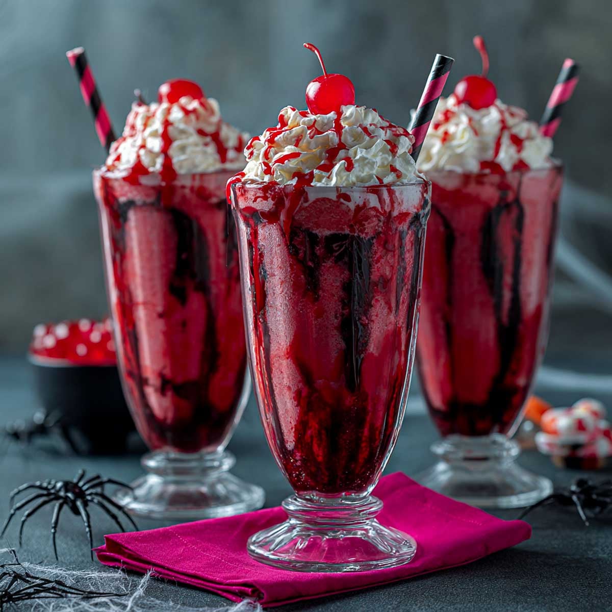 Bloody red velvet Halloween milkshake with whipped cream, cherry, and striped straw.