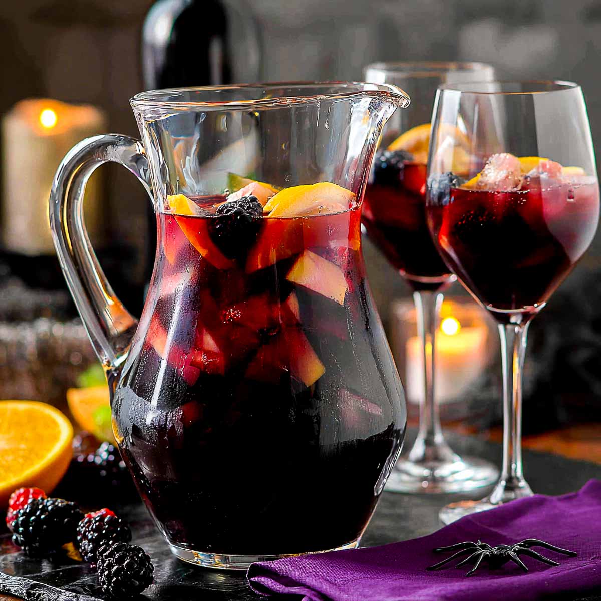 Bloody vampire sangria in jug and glasses.