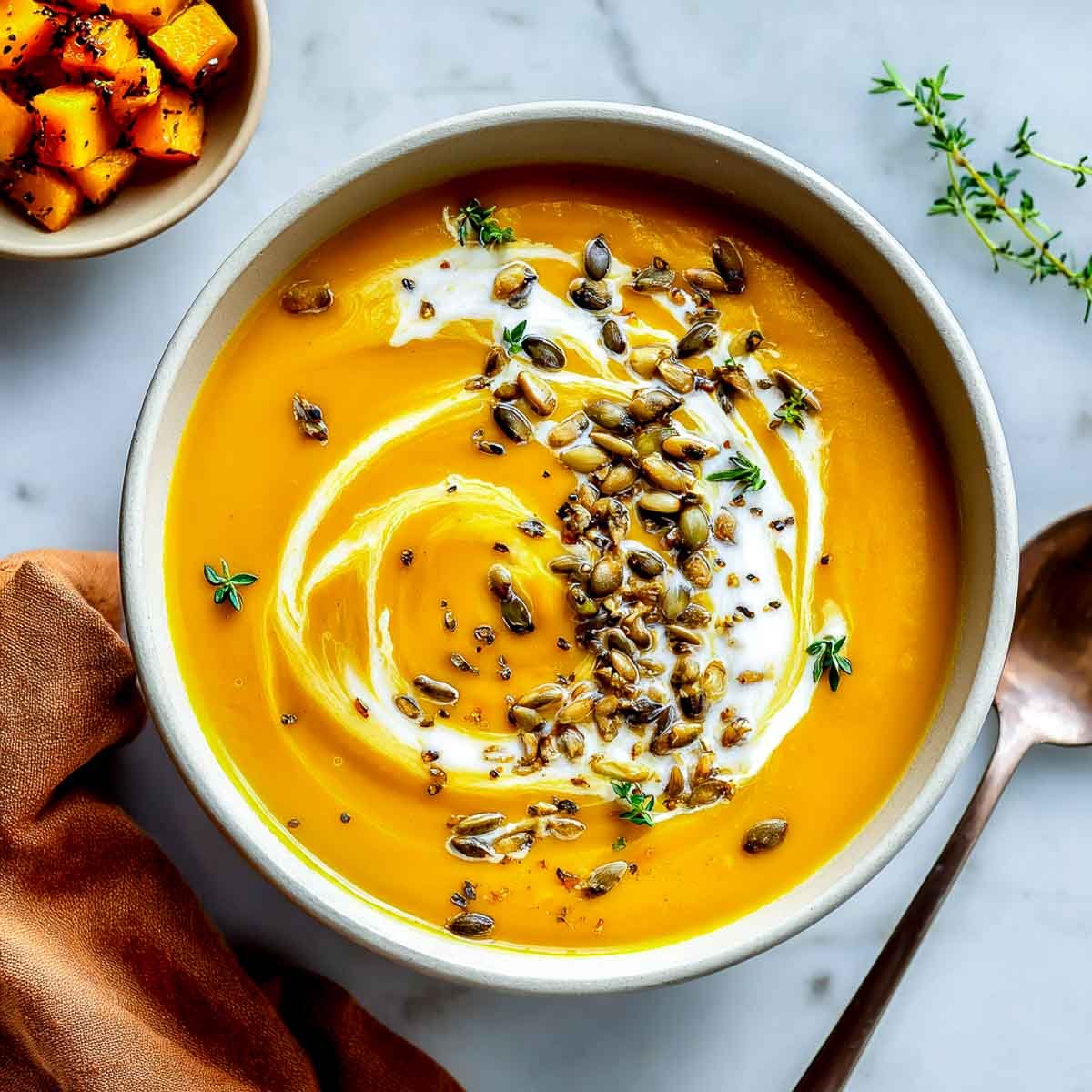 Bowl of vegan butternut squash soup with coconut cream swirl and pumpkin seeds.