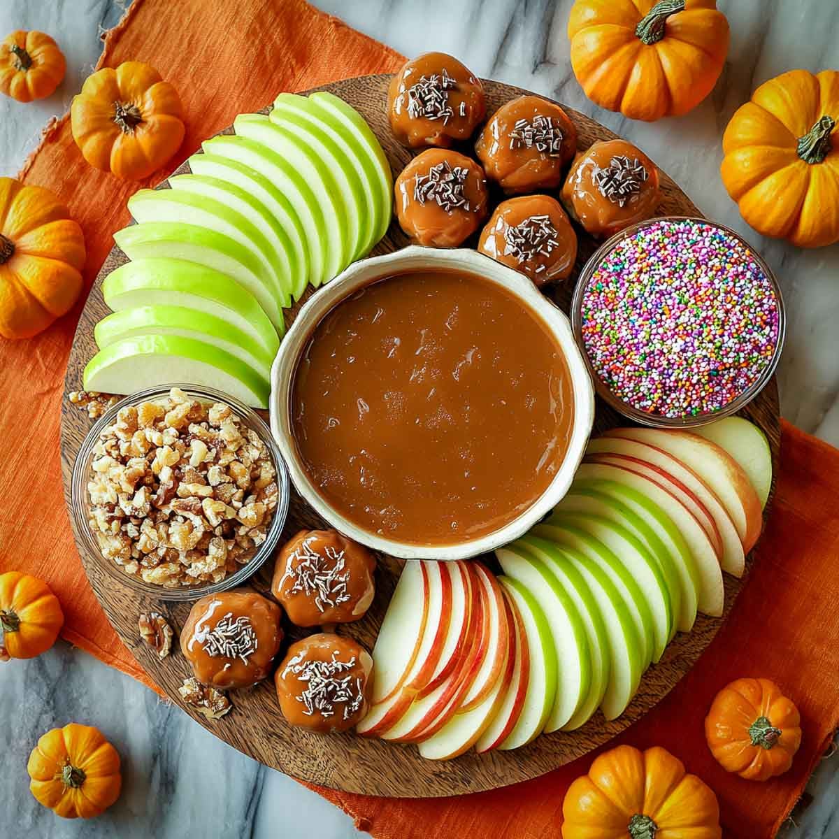 Halloween caramel apple charcuterie platter with sliced red and green apples, a bowl of caramel sauce.