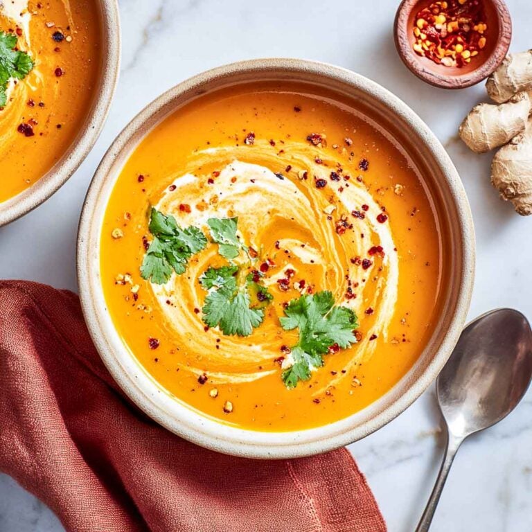 Carrot ginger soup with cottage cheese swirl and cilantro in a serving bowl.