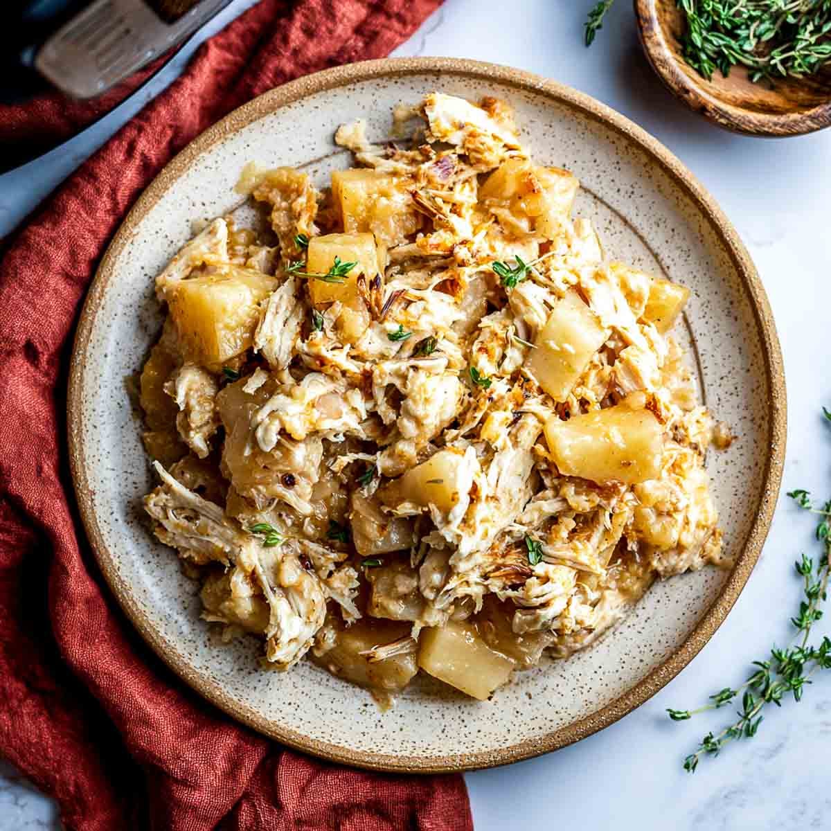 Top-down view of fall cottage cheese chicken apple bake on rustic plate.