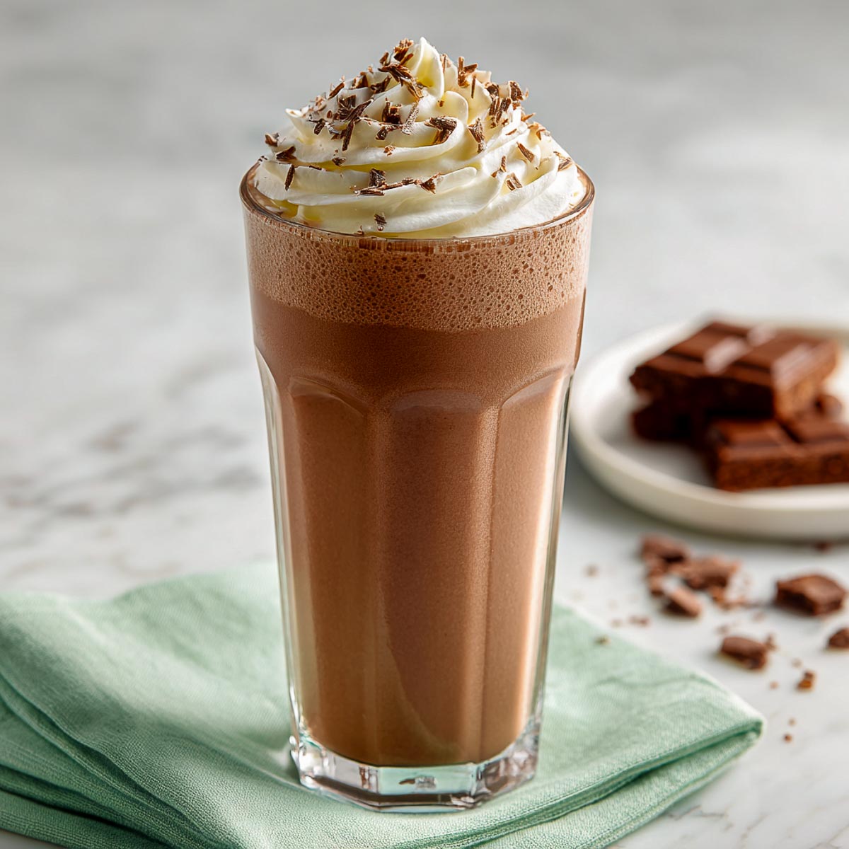 Easy chocolate cake shake topped with whipped cream and chocolate shavings.