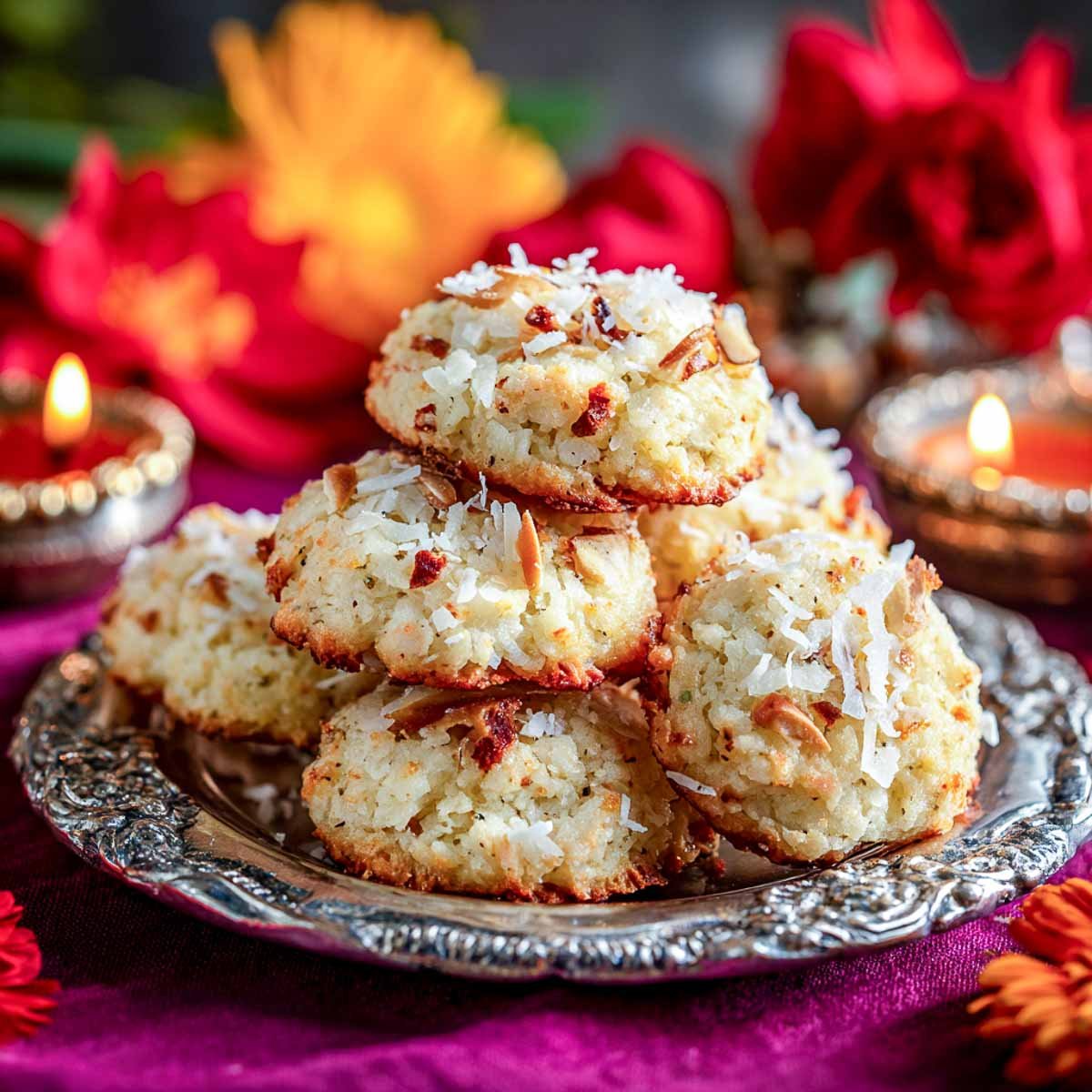 Stacked coconut cardamom cookies on silver plate with festive flowers and diyas.