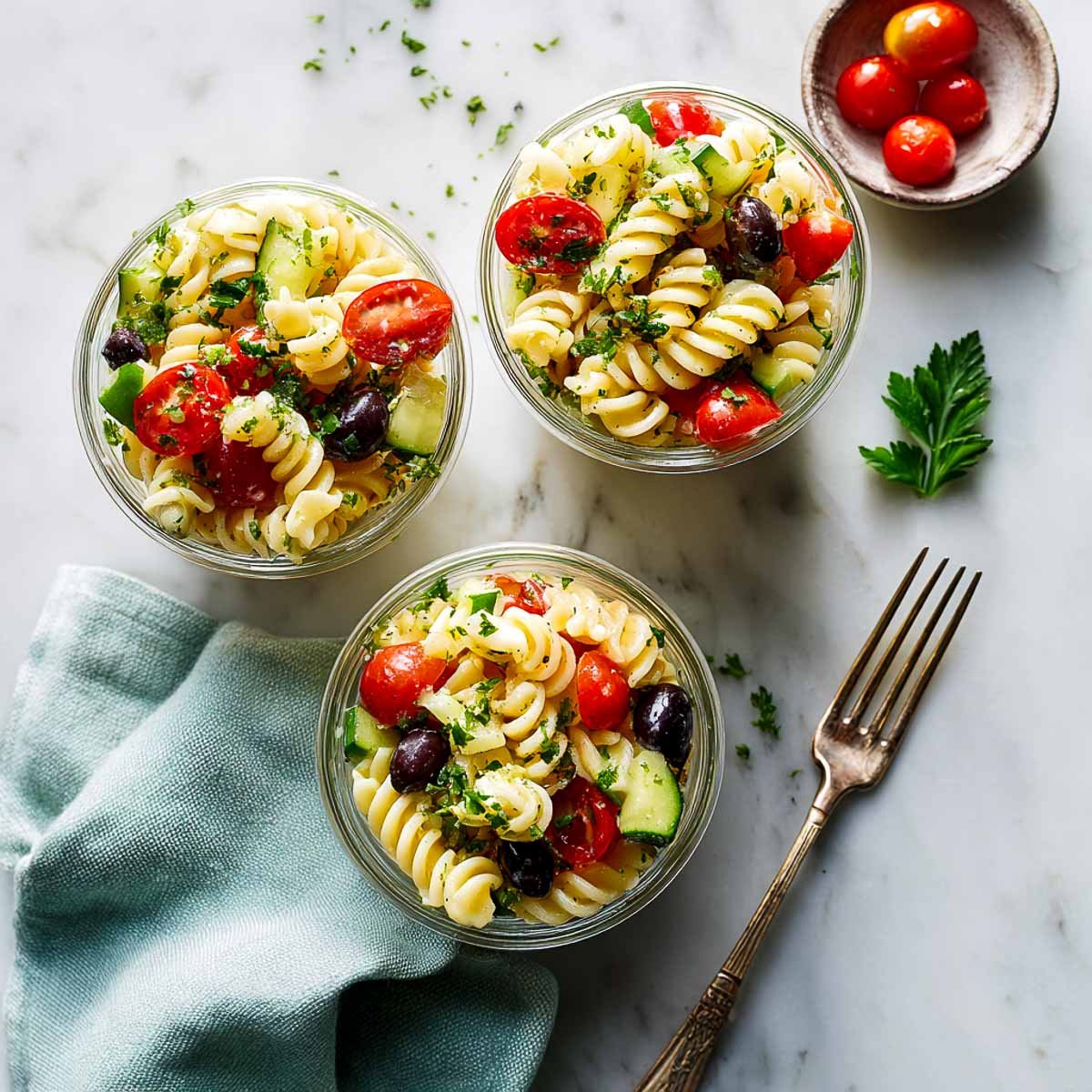 Rotini pasta salad in clear cups with tomato, cucumber, and olives.