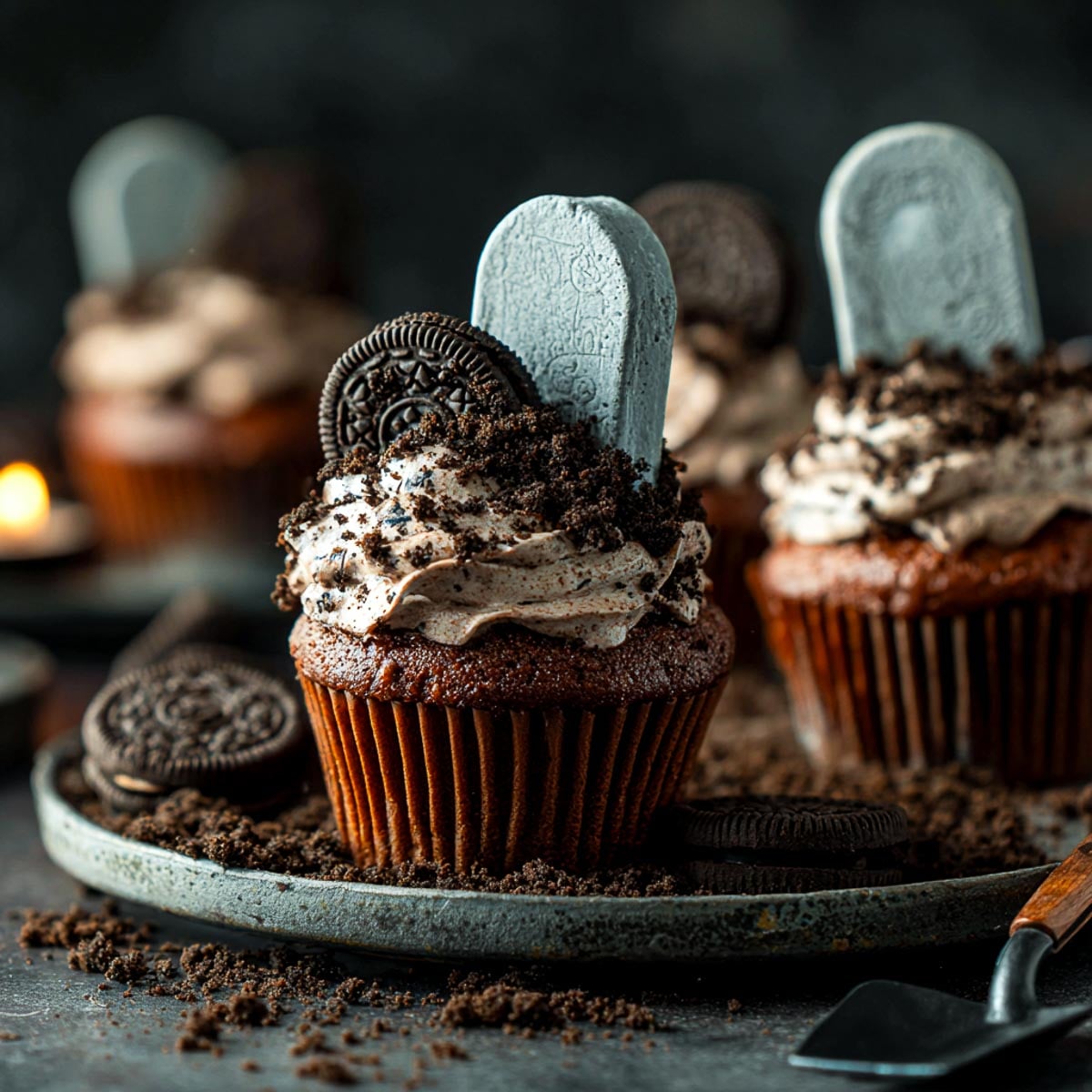 Side view of chocolate cupcakes topped with Oreo dirt, tombstone toppers, and mini Oreos.